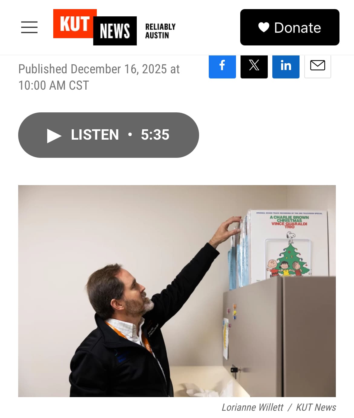 KUT News story - Dr. Tyler Jorgensen selecting vinyl records for patients