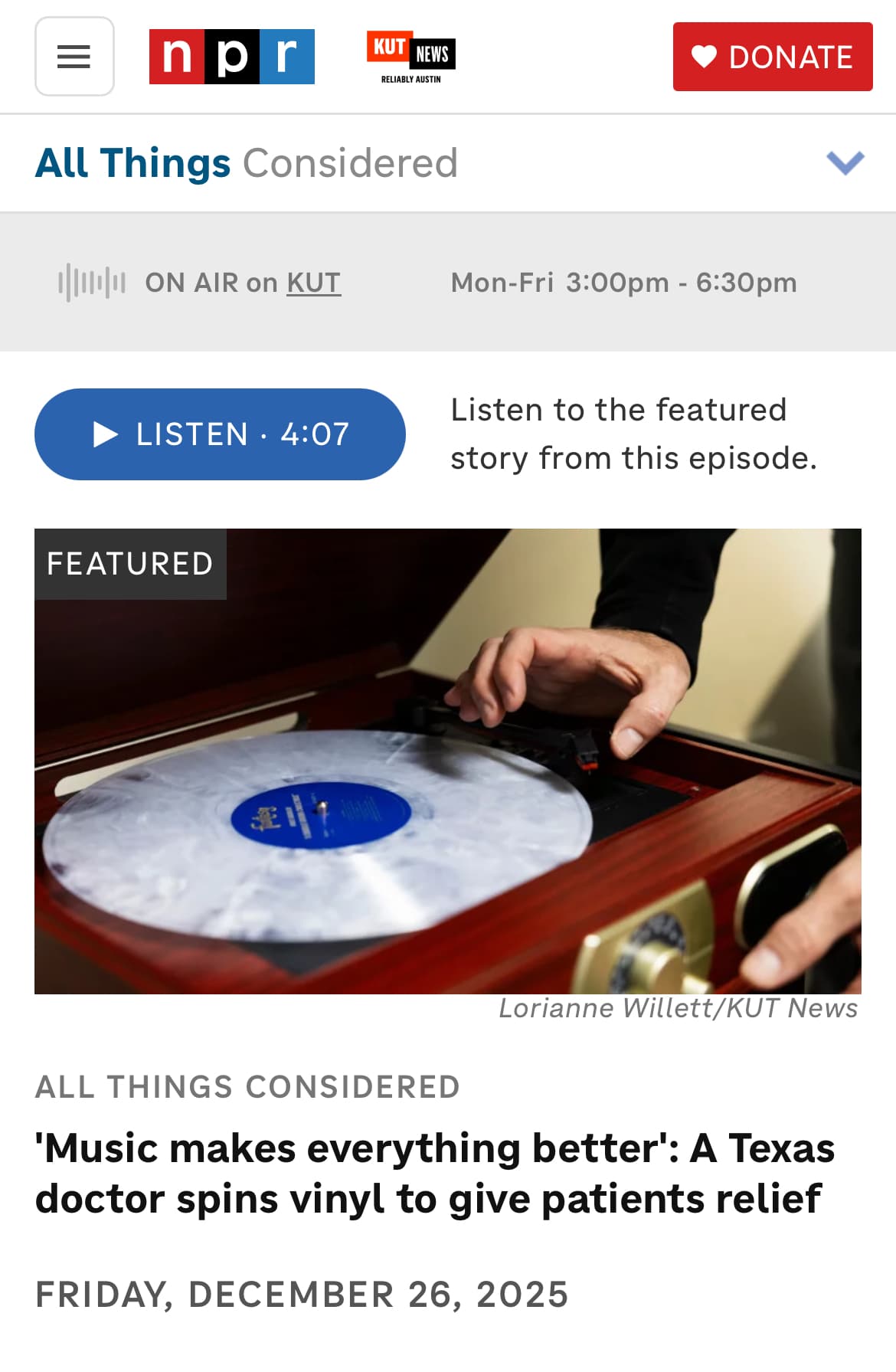 NPR/KUT News story about Dr. Tyler Jorgensen's vinyl record program for patients